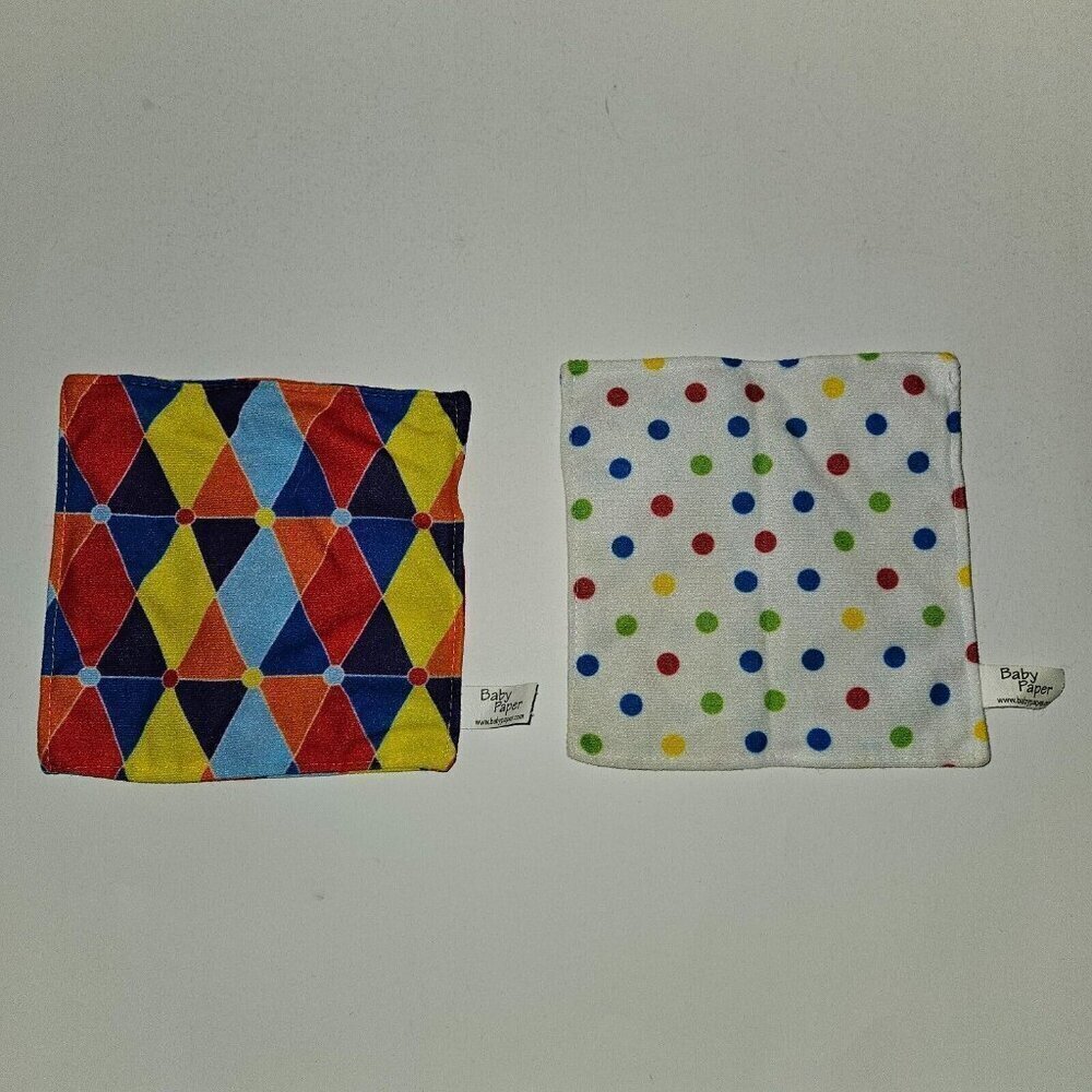 2 Baby Paper Crinkle Sensory Toy Lot 6" Square Polka Dots Geometric Red Blue